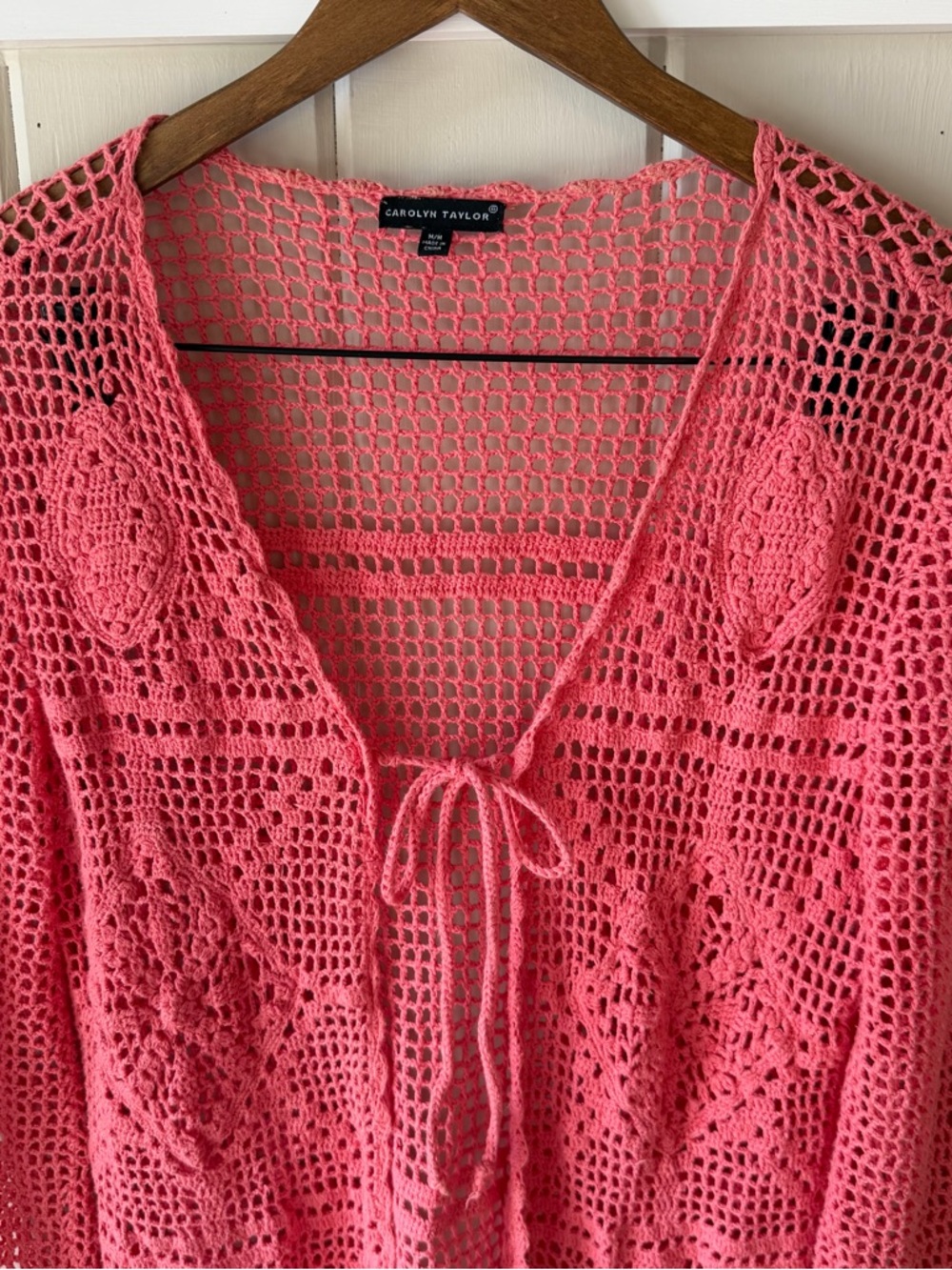 Vintage Carolyn Taylor Coral Pink Crochet Cover-Up Cardigan, Tie Front, Size M - Picture 4 of 9